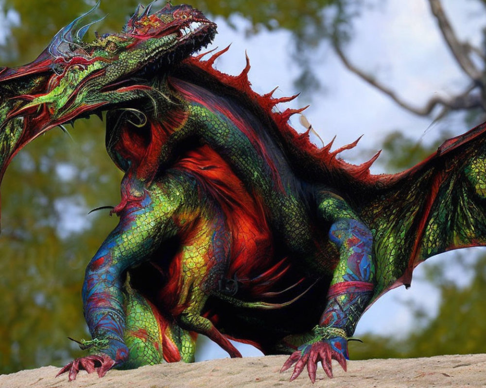 Colorful Dragon Perched on Mound with Blurry Background