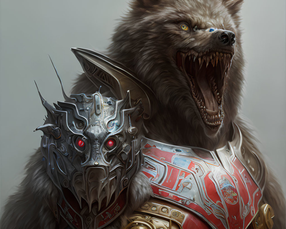 Armored warrior with wolf head and shield in red and gold designs