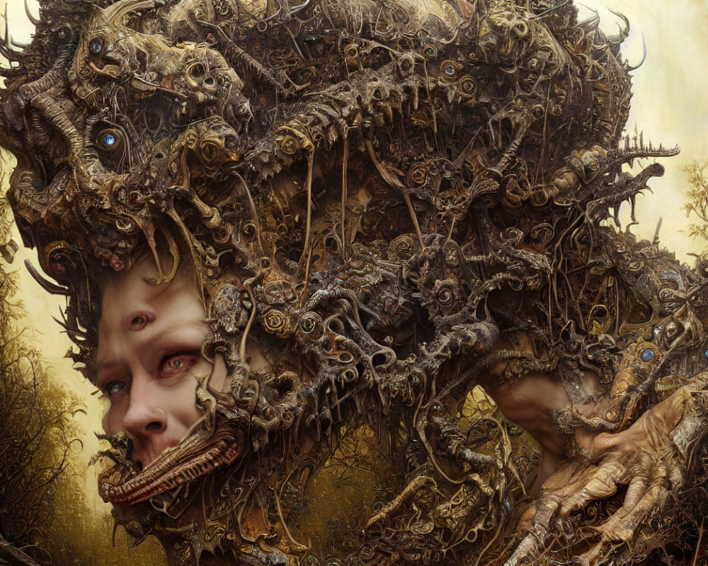 Human-faced fantastical creature in metallic serpent environment