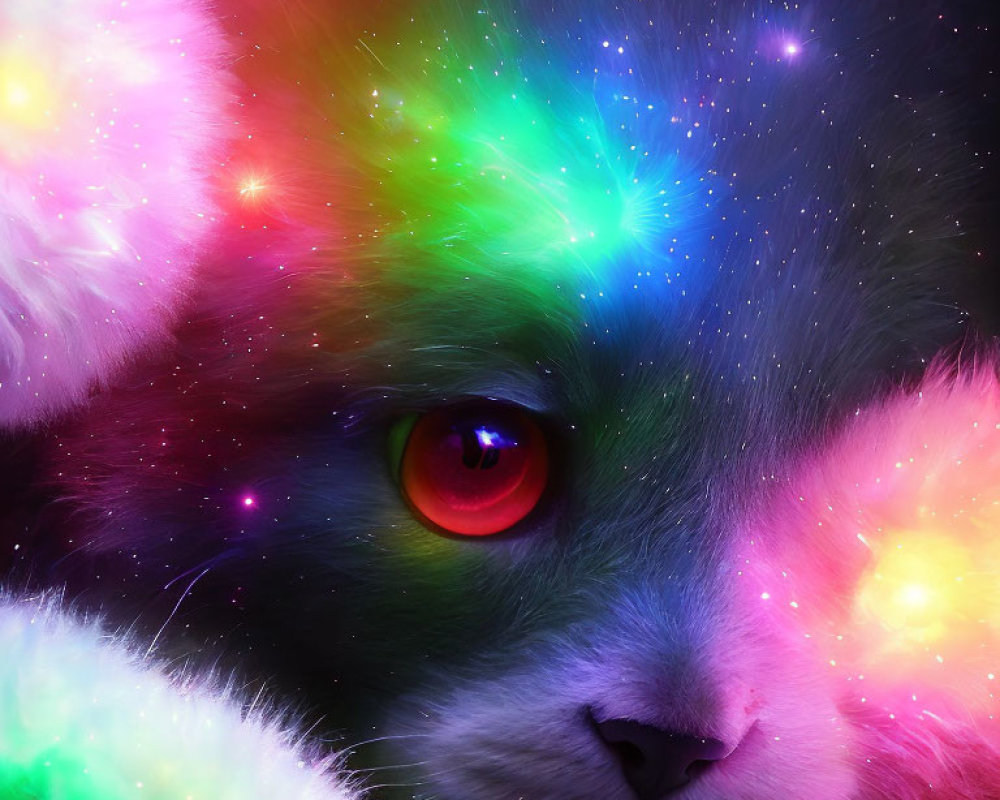 Colorful Close-Up Cat Face Illustration with Galaxy Effect