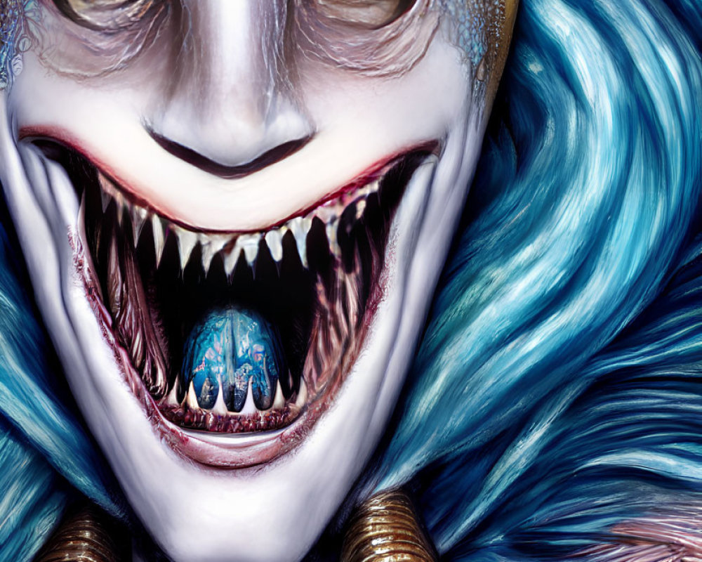 Fantastical creature with sharp teeth, wide grin, snake-like eyes, and blue hair.