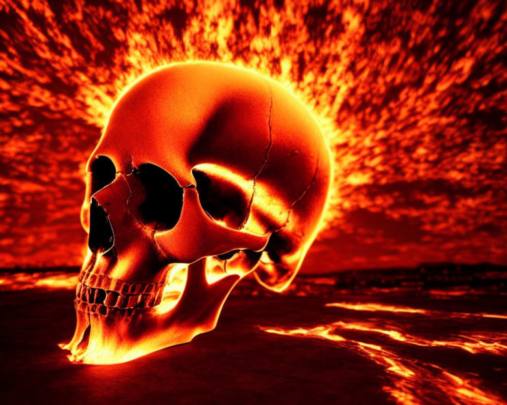 Glowing human skull with cracks against fiery backdrop