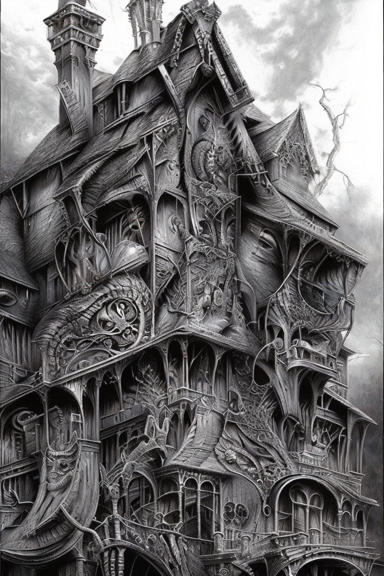 Detailed Monochrome Illustration of Whimsical Haunted House & Gothic Features