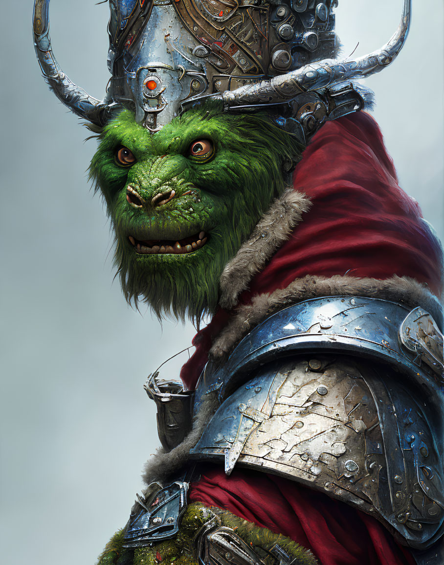 Fantasy creature with green fur, tusks, horns, medieval armor, and red cloak