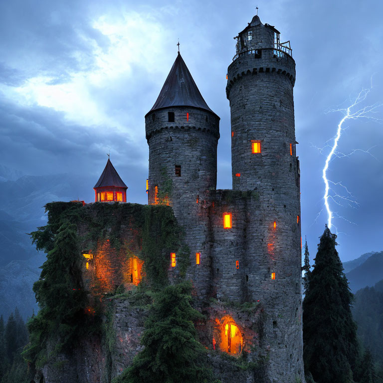 Medieval Castle on Forested Hill with Stormy Sky