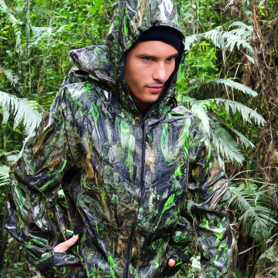 Man in Camouflage Jacket and Beanie in Lush Green Forest