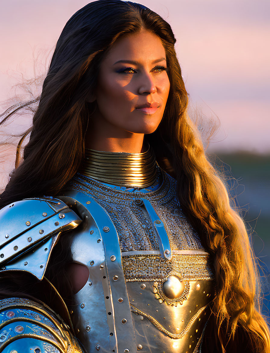 Medieval woman in elaborate armor gazes under sunset glow