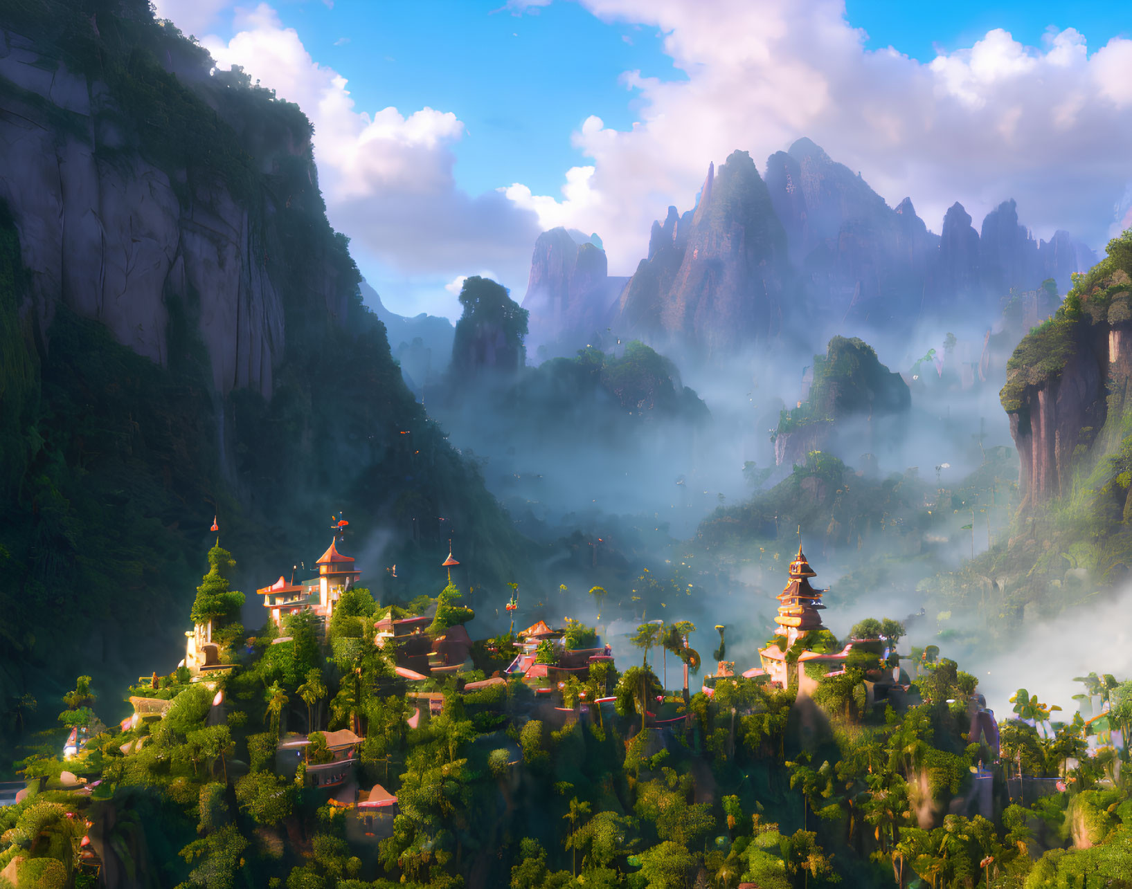 Mystical mountain village with pagoda-style buildings in foggy setting