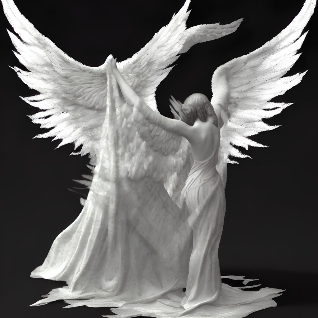 Detailed Angel Sculpture with Spread Wings and Flowing Robe