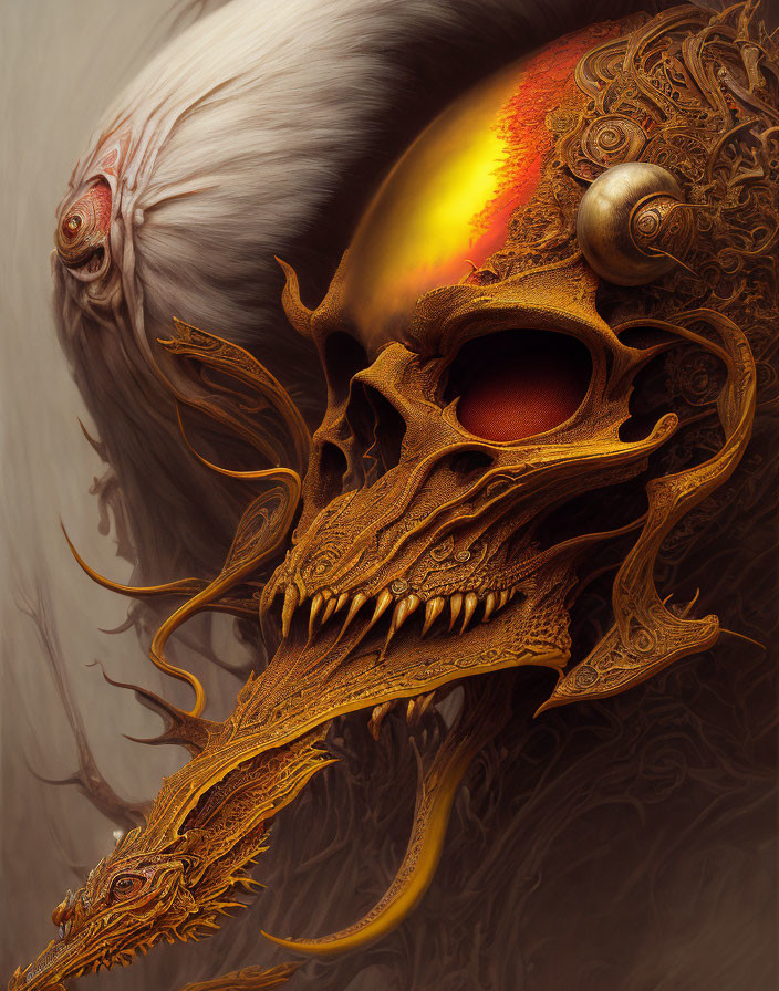 Intricate golden dragon head with glowing eye on brown background