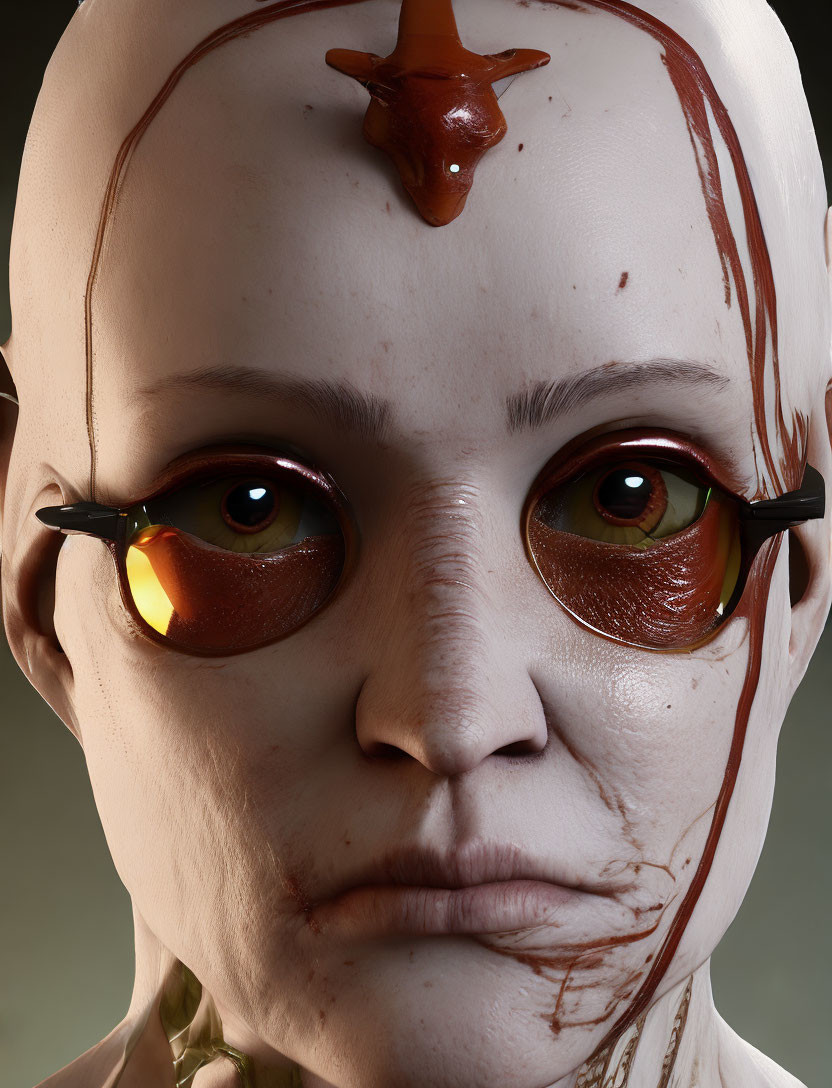 Detailed Image: Pale-skinned humanoid with dark eyes and amber irises, blood-like substance on head