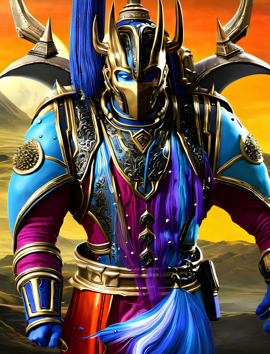 Armored Figure in Vibrant Fantasy Costume with Blue and Purple Hues