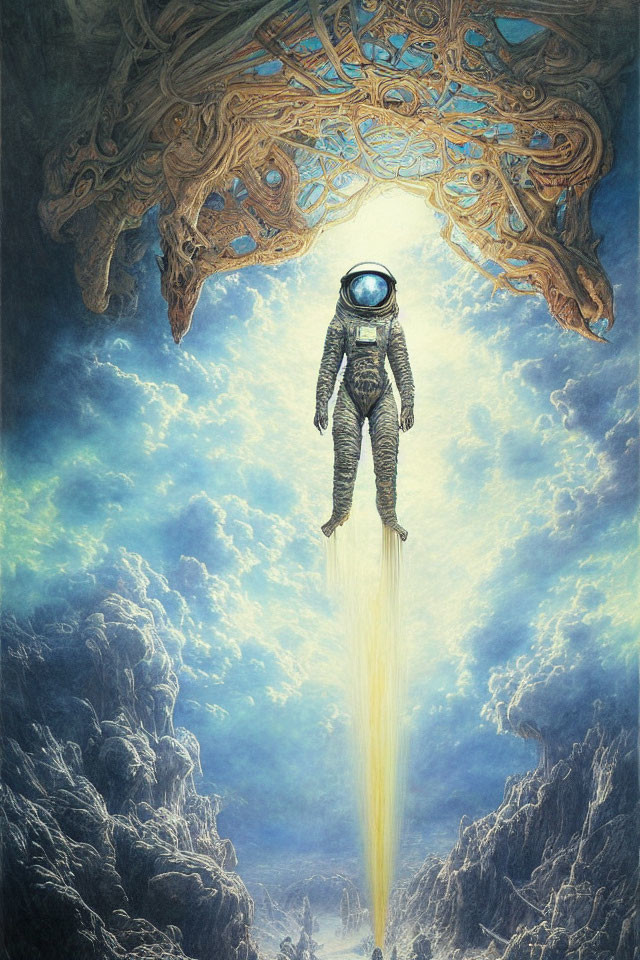 Astronaut with jetpack near alien structure in cloudy sky