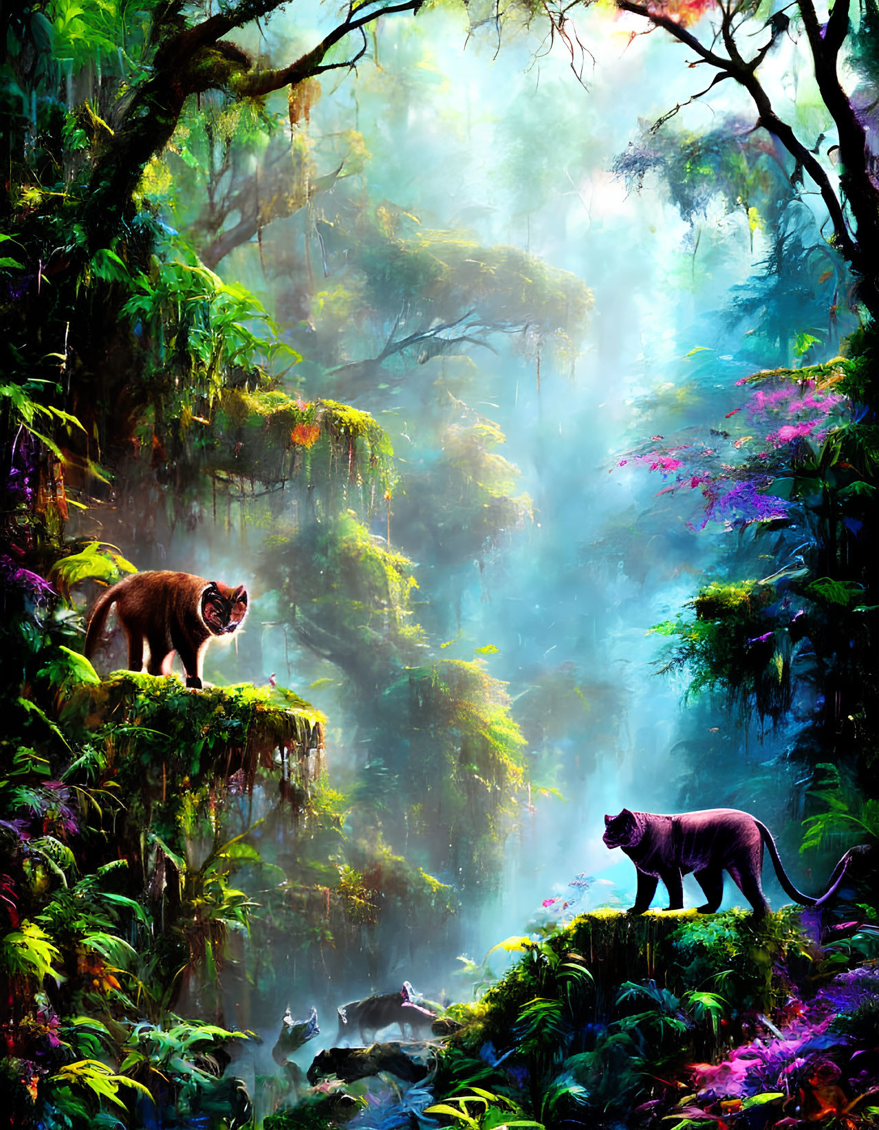 Digital Art: Mystical Jungle with Black Panthers & Colorful Flora