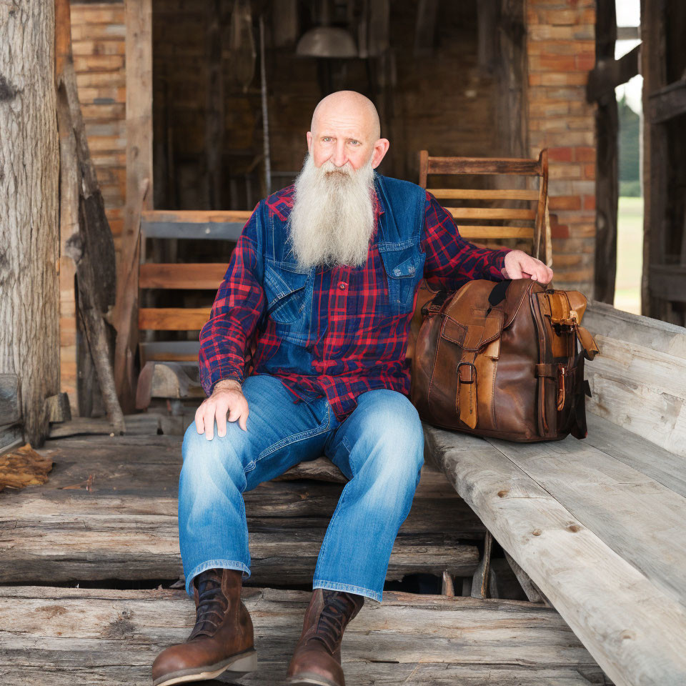 Elderly man in denim overalls sitting on wooden porch