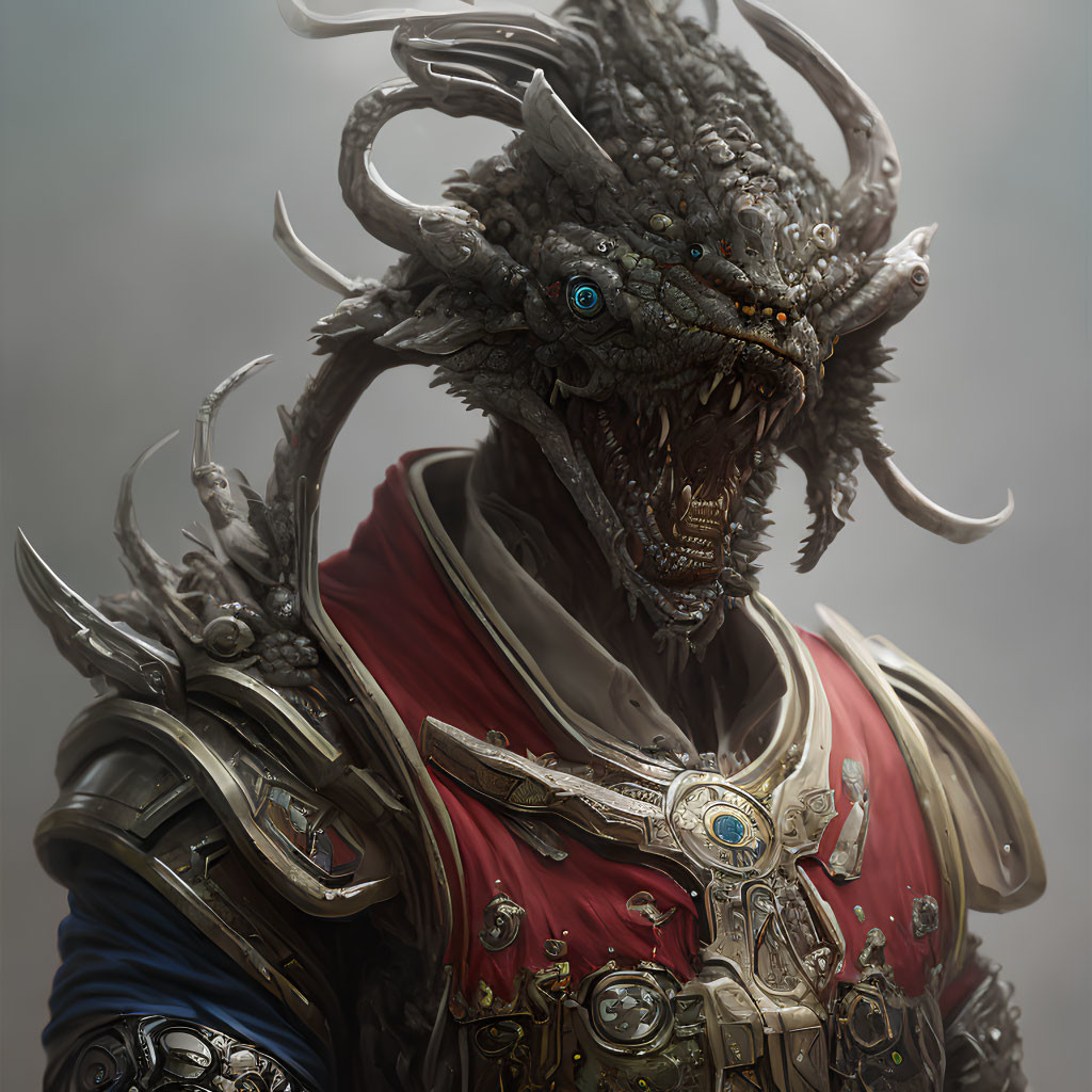 Dragon-headed humanoid in ornate armor with blue eyes, fangs, horns, and red cloak