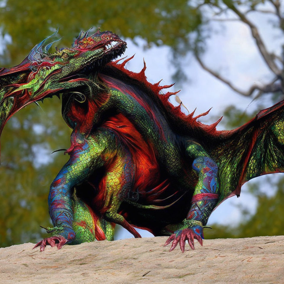 Colorful Dragon Perched on Mound with Blurry Background