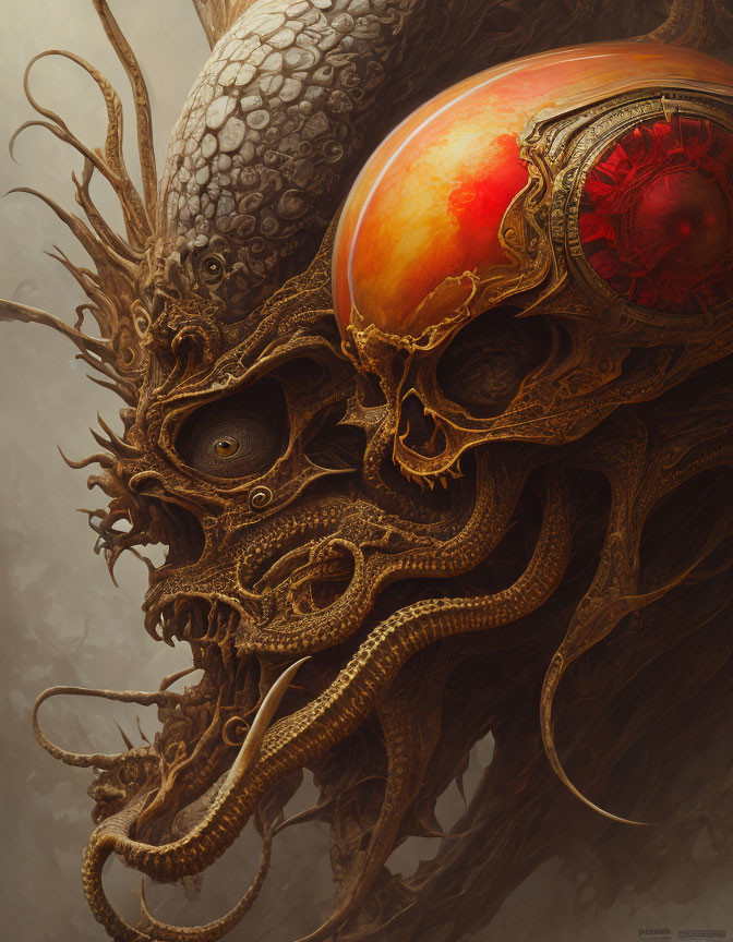 Detailed Fantasy Creature with Large Eye and Tentacle-like Appendages in Murky Atmosphere