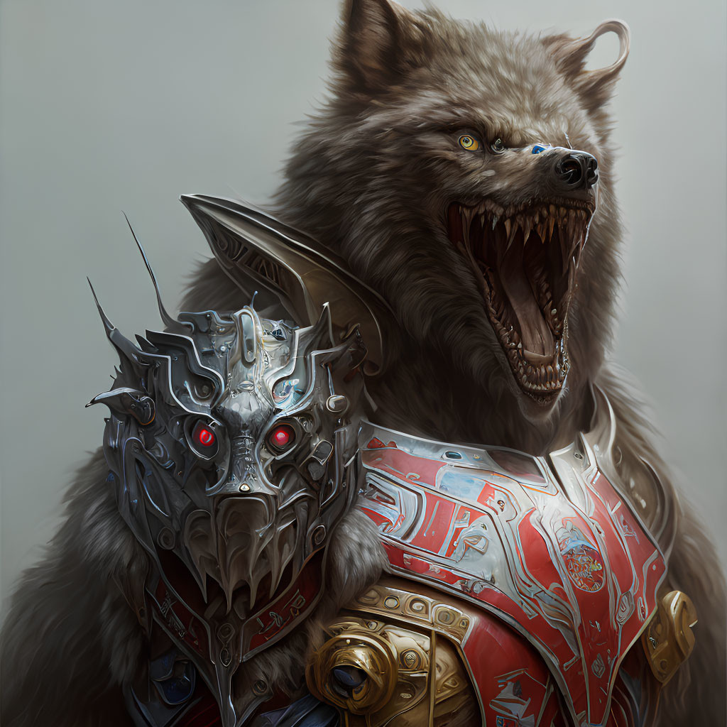 Armored warrior with wolf head and shield in red and gold designs