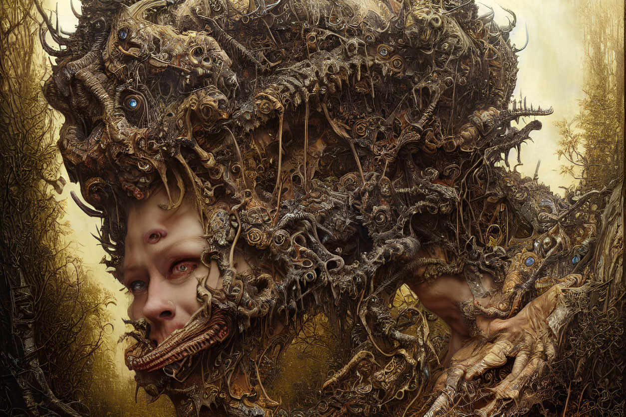 Human-faced fantastical creature in metallic serpent environment