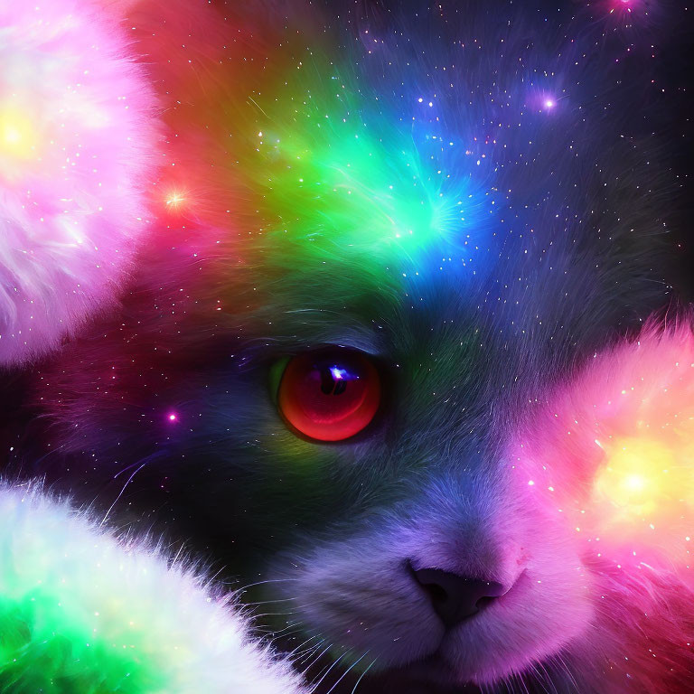 Colorful Close-Up Cat Face Illustration with Galaxy Effect