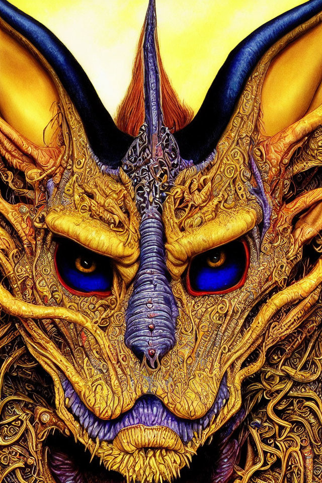 Detailed illustration: Fantastical creature with golden skin, black horns, blue eyes, central snout