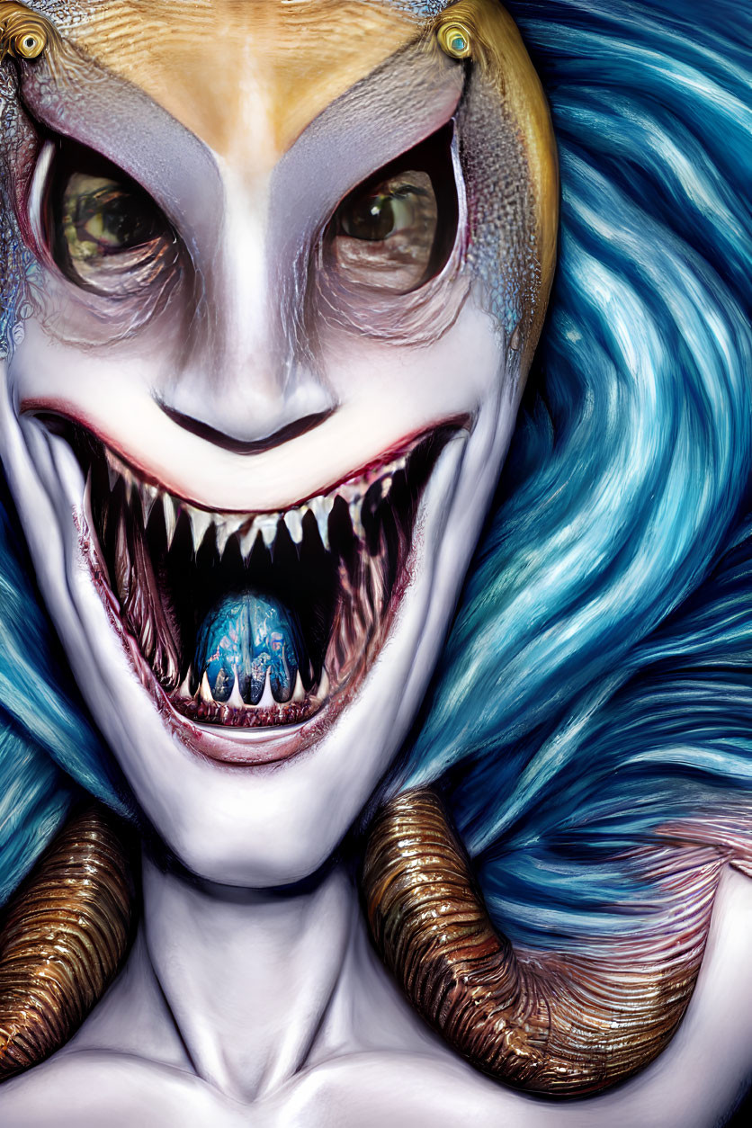 Fantastical creature with sharp teeth, wide grin, snake-like eyes, and blue hair.