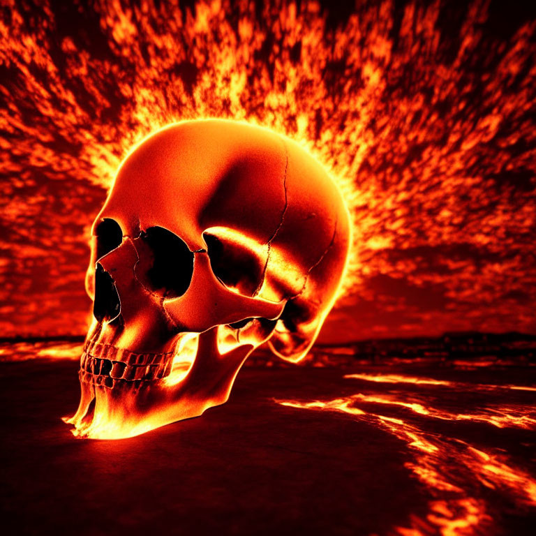 Glowing human skull with cracks against fiery backdrop