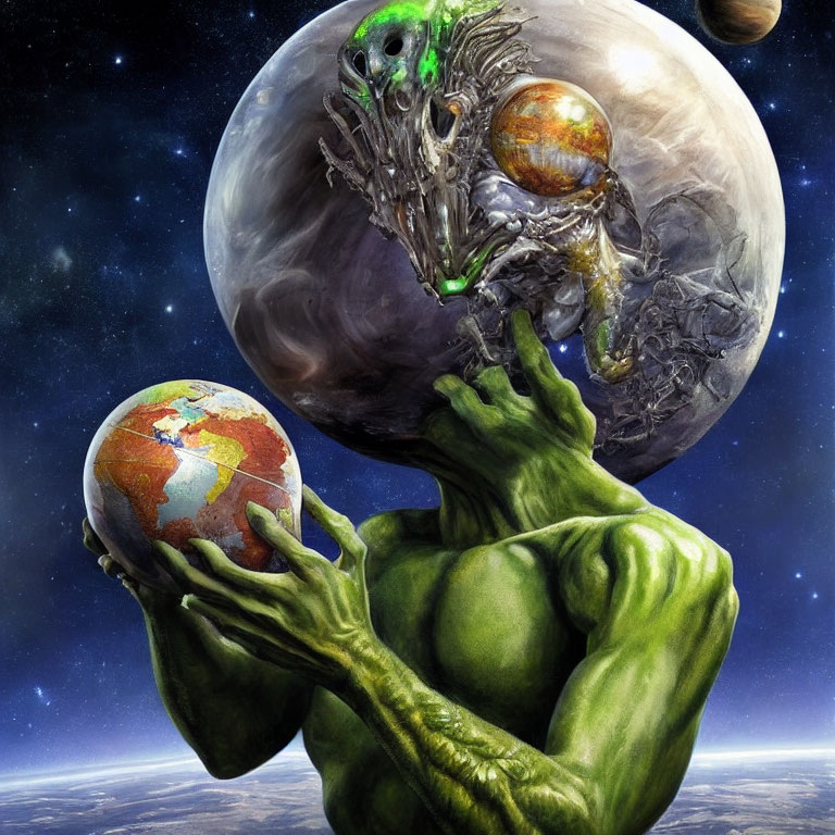 Muscular green alien delicately holds colorful Earth with menacing extraterrestrial beings