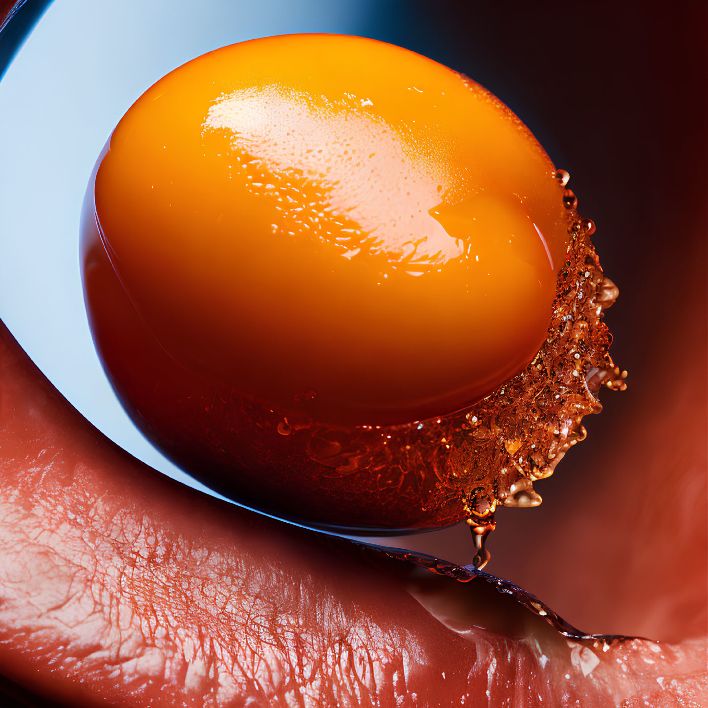 Shiny egg yolk on curved edge with droplets on red surface