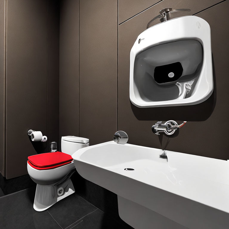 White Toilet with Red Seat Cover in Modern Bathroom Interior