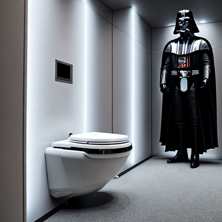 Person in Darth Vader Costume Beside Modern Wall-Mounted Toilet