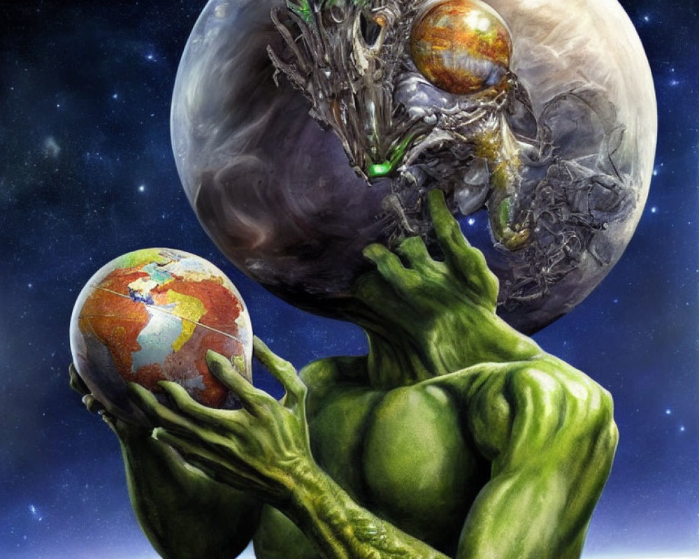 Muscular green alien delicately holds colorful Earth with menacing extraterrestrial beings