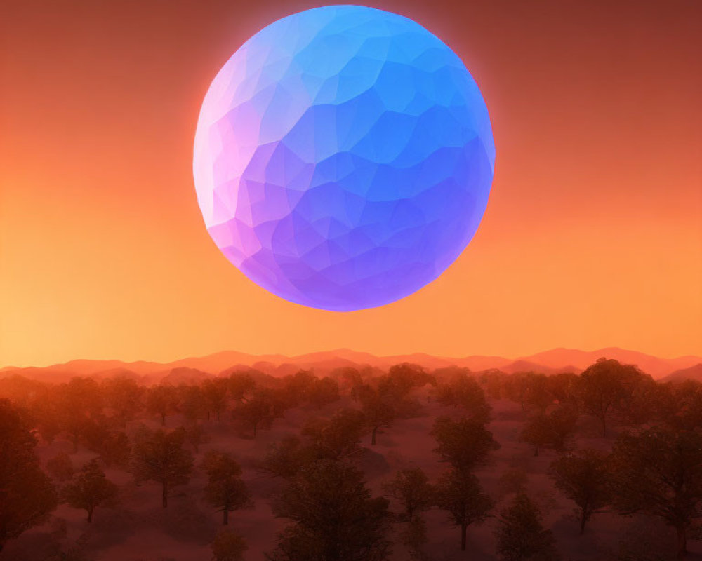 Vibrant blue low-poly sphere over serene forest at twilight