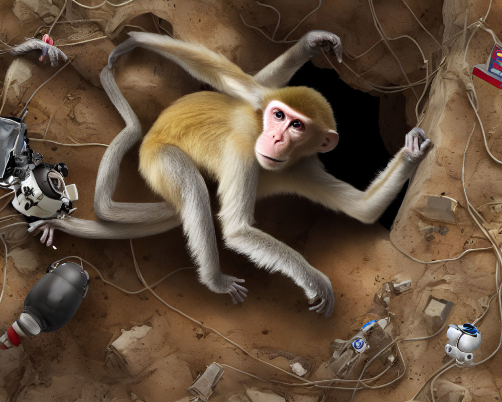 Monkey with space-themed toys and objects in moonscape setting