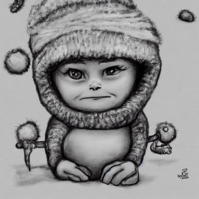 Adorable baby in furry hood with playful eyes holding fluffy creatures