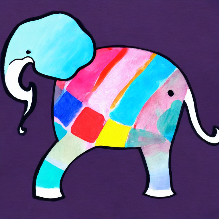 Vibrant abstract painting: elephant with multicolored segments on purple background