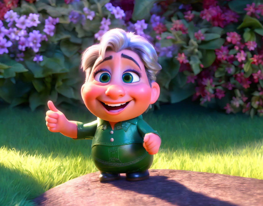 Silver-Haired Animated Character Thumbs Up in Pink Flower Garden