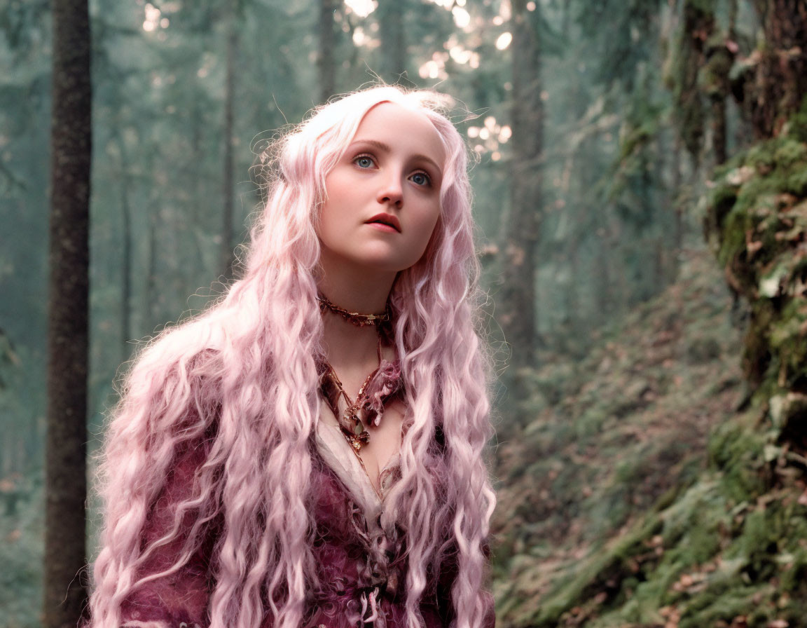 Person with Long Pink Hair in Purple Outfit in Misty Forest