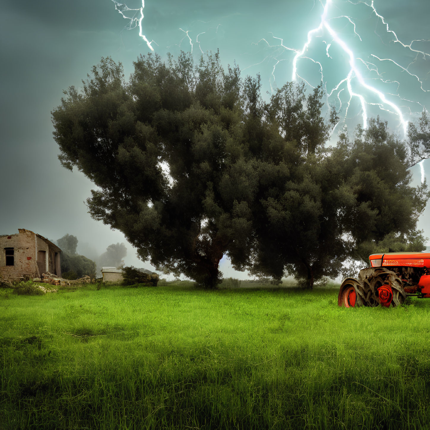 Stormy Landscape with Lightning, Tree, Ruins, and Red Tractor on Green Field