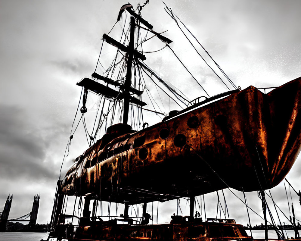 Rusted abandoned ship with tattered sails under cloudy sky