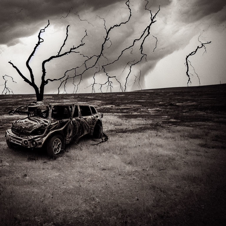 Damaged car in desolate landscape with stormy sky