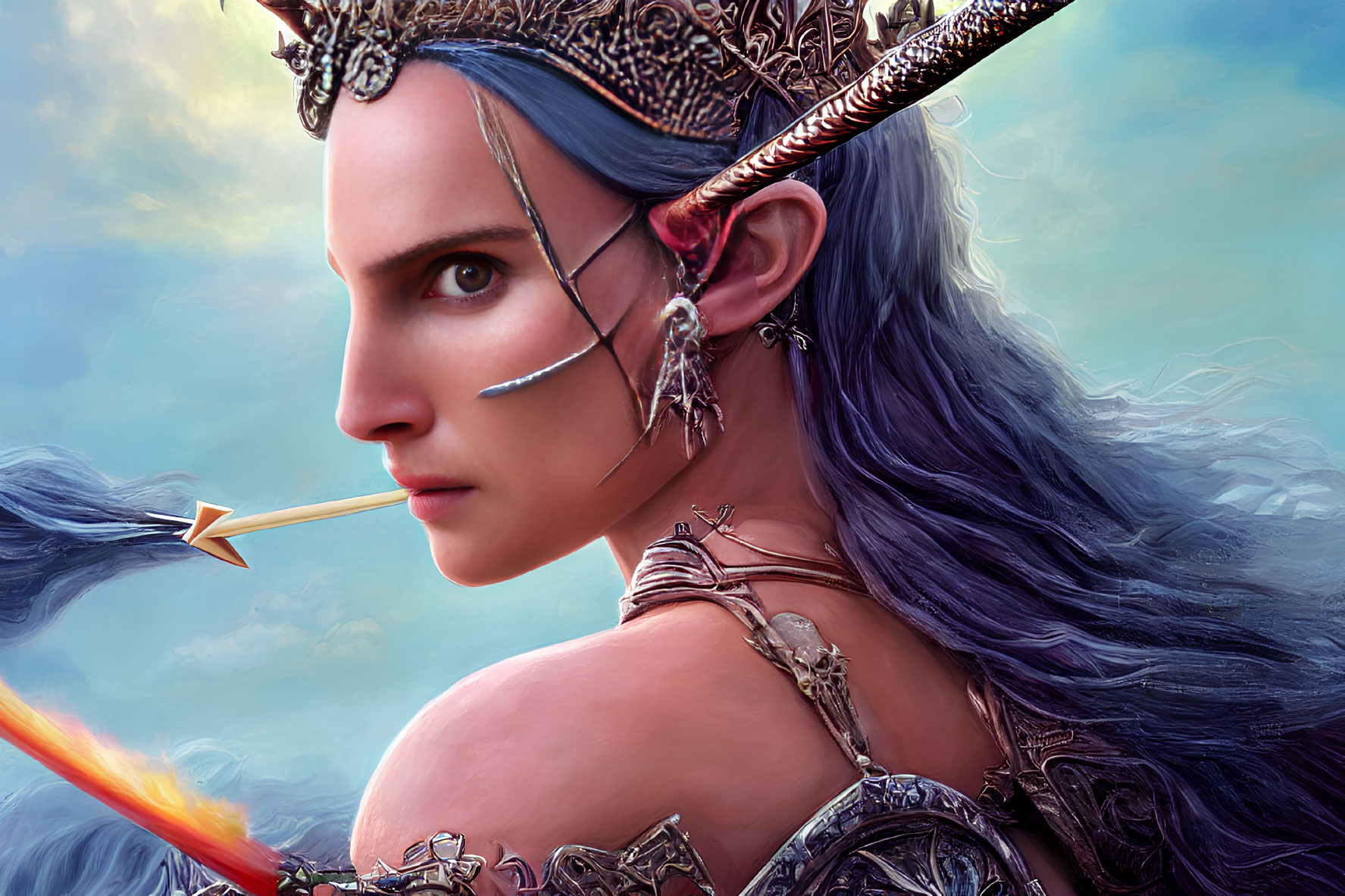 Fantasy elf woman with blue hair in silver armor and crown with arrow.