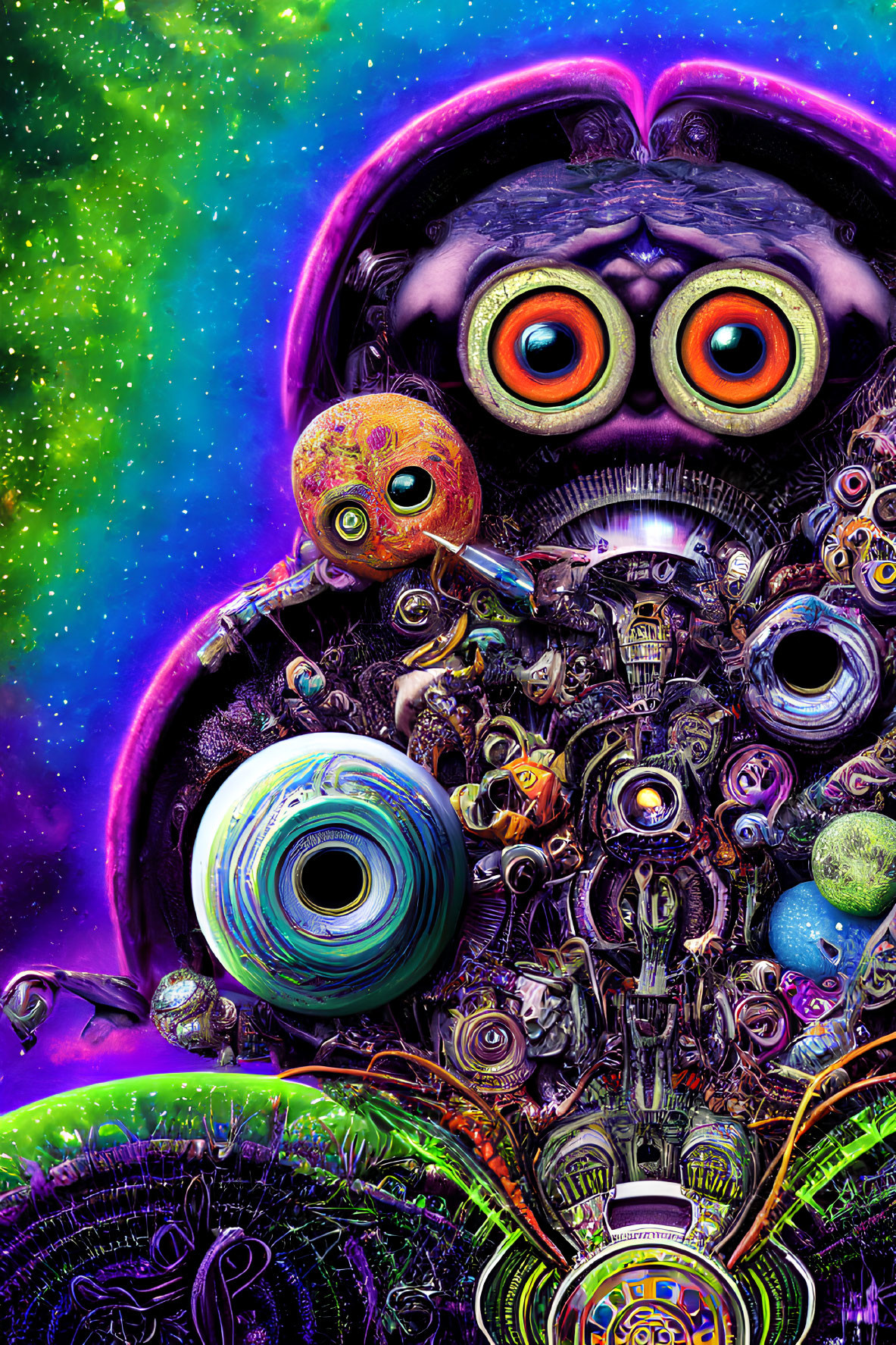 Colorful Psychedelic Artwork Featuring Owl-Like Figure in Cosmic Setting