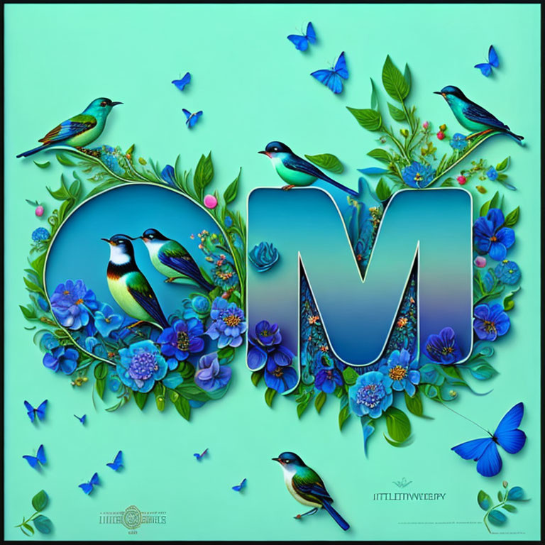 Stylized letter "M" with blue flowers, birds, and butterflies on teal background