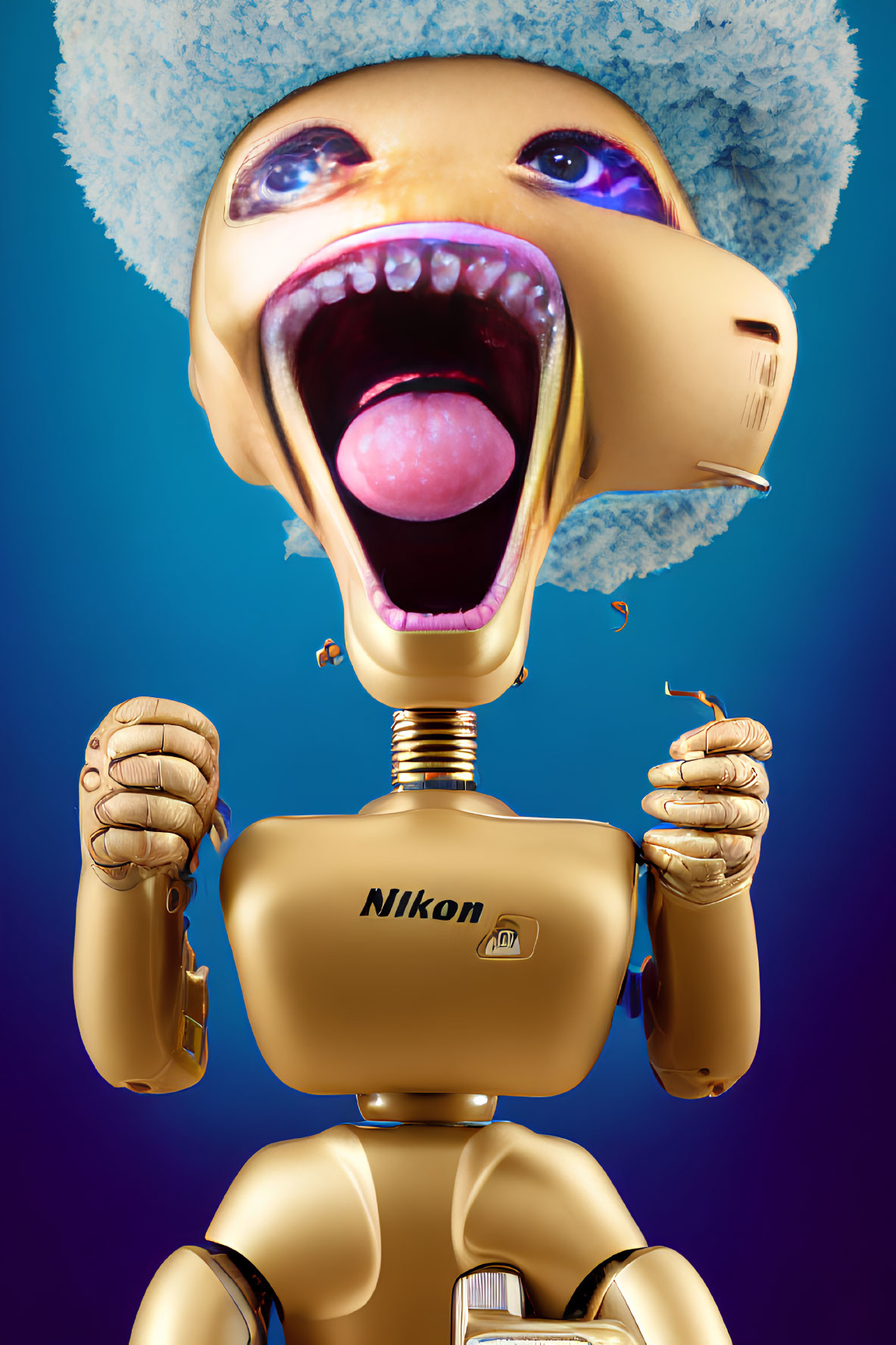 Golden robotic figure with Nikon logo wearing blue hat and exaggerated facial features on blue background.