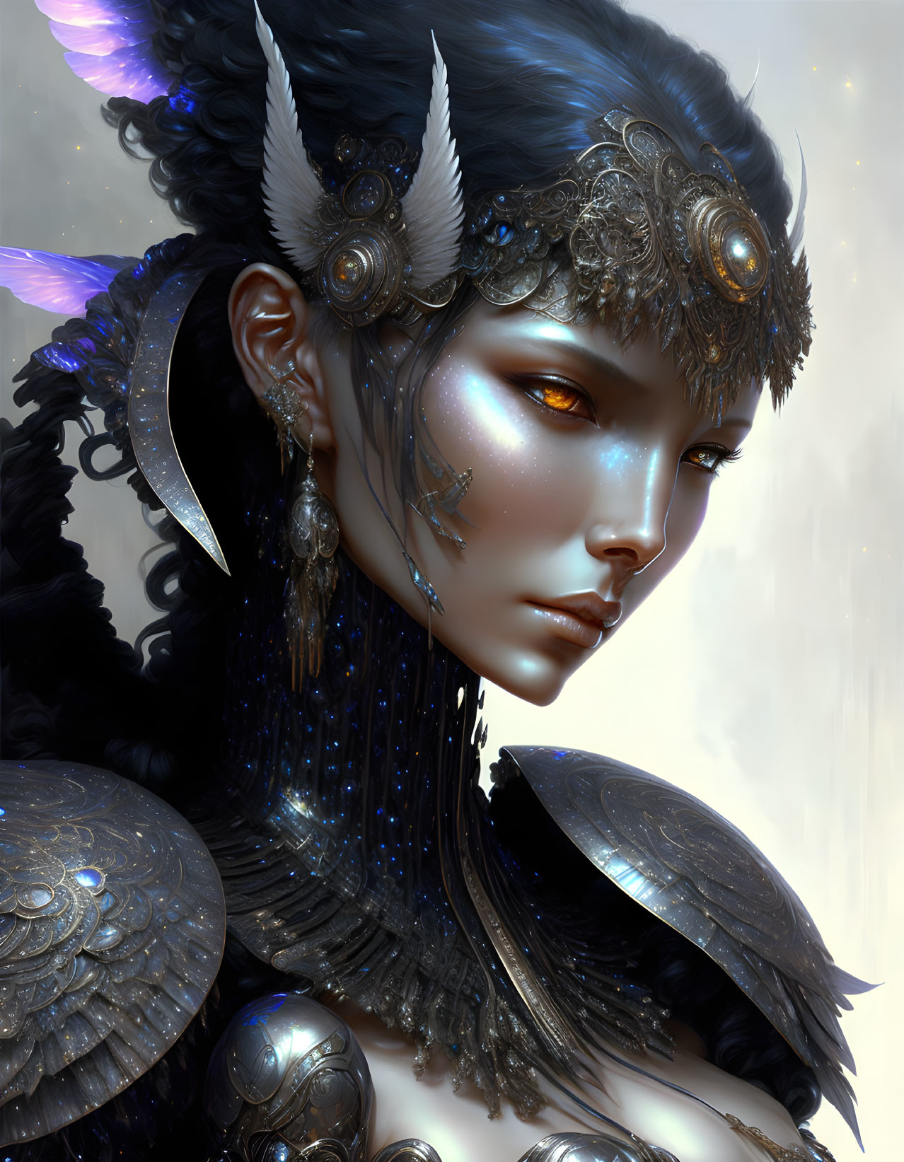 Digital artwork: Woman with metallic blue skin and golden headgear & armor