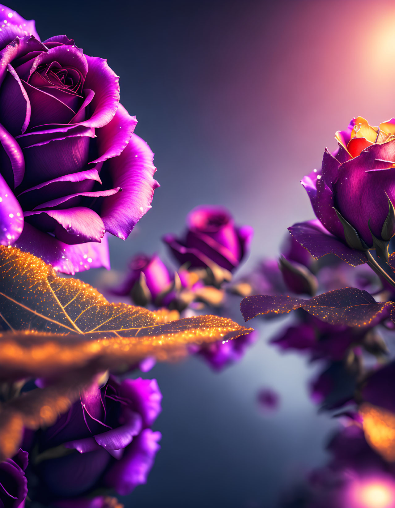 Vibrant purple roses with golden glitter on moody blue background