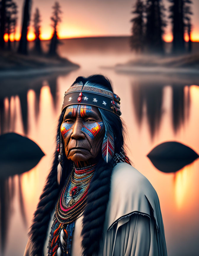 Indigenous person in traditional attire by serene water at sunset