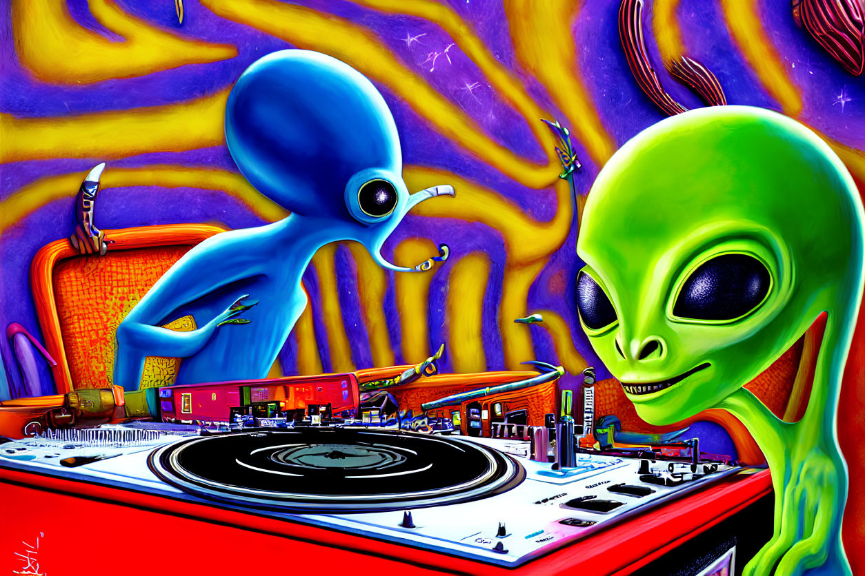 Colorful Alien DJs Mixing Music in Cosmic Setting